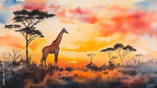 Cultural beauty - mesmerizing watercolor piece depicting African themes, showcasing bold textures, landscapes, traditional symbols, celebrating unique beauty, diversity of the African experience. photo