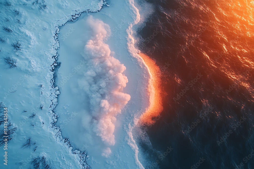 Aerial View of Steam Rising from Frozen Water