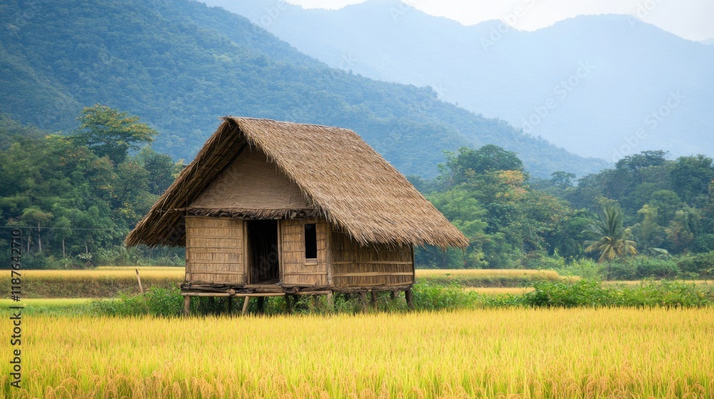 Serene Hut in the Middle of Paddy Fields Surrounded by Vibrant Greenery and Rolling Mountains Under Bright Daylight in an Agricultural Setting Serene Hut in the Middle of Paddy Fields Surrounded by Vibrant Greenery and Rolling Mountains Under Bright Daylight in an Agricultural Setting