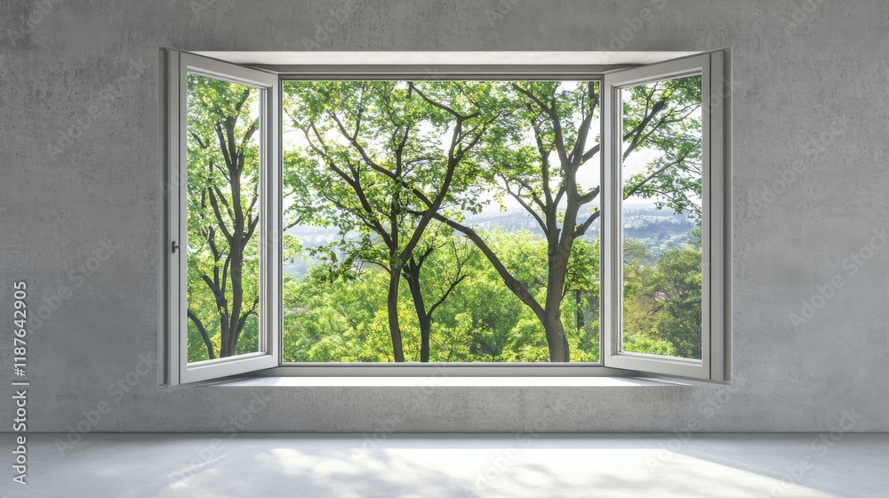 Fototapeta premium Serene Window View with Soft Natural Light and Lush Greenery Symbolizing Calmness and Clarity in a Peaceful Home Environment