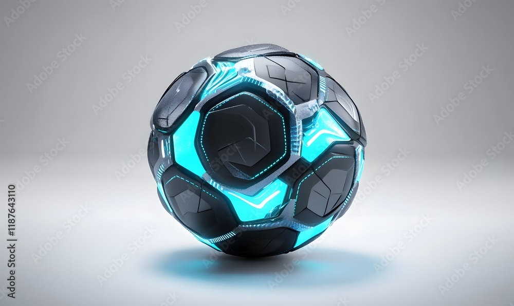 Naklejka premium Futuristic glowing sphere, abstract dark grey and cyan hexagonal patterned ball.