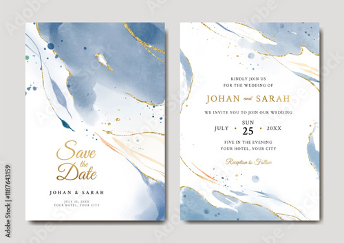 Blue and gold abstract watercolor wedding invitation template