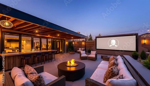 Luxurious Outdoor Patio with Fire Pit and Home Theater