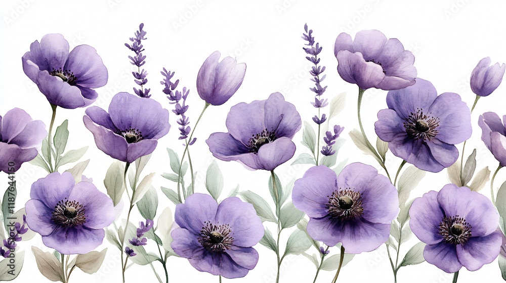 Fototapeta premium Lavender & Purple Anemone Watercolor Floral Border
