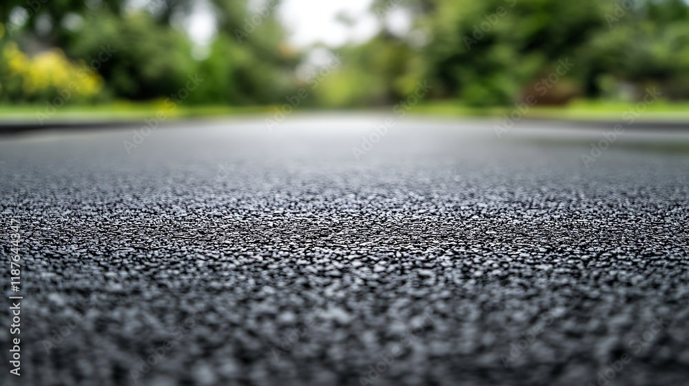 Wet Asphalt Road Surface with Blurred Green Background Wet Asphalt Road Surface with Blurred Green Background