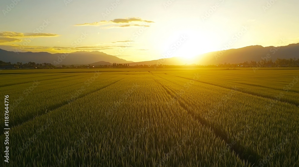 Obraz premium Golden sunrise over lush green rice fields with majestic mountains in the background