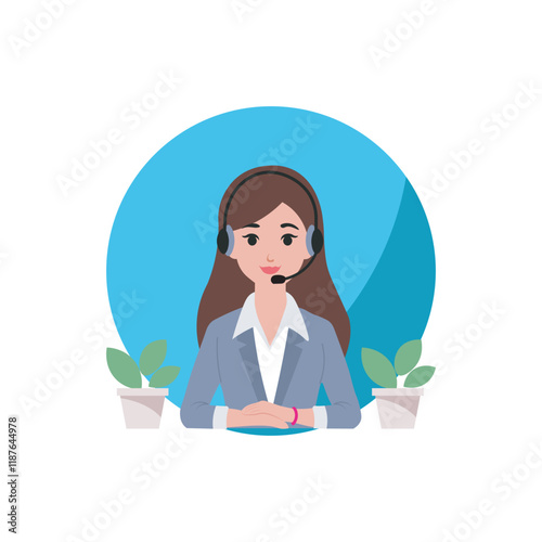 Call Center Woman Vector Illustration, Flat Design Character