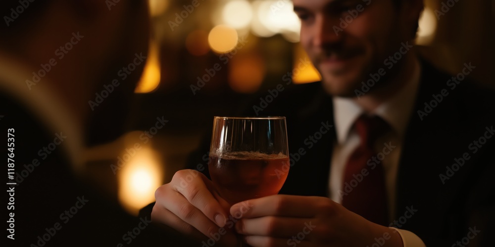Two gentlemen engage in a moment of celebration, clinking glasses filled with a beverage in an elegantly lit atmosphere revealing warmth and camaraderie. Two gentlemen engage in a moment of celebration, clinking glasses filled with a beverage in an elegantly lit atmosphere revealing warmth and camaraderie.