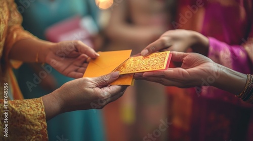 A close-up of hands giving and receiving 'duit raya' (Eid money) in festive envelopes during Hari Raya photo