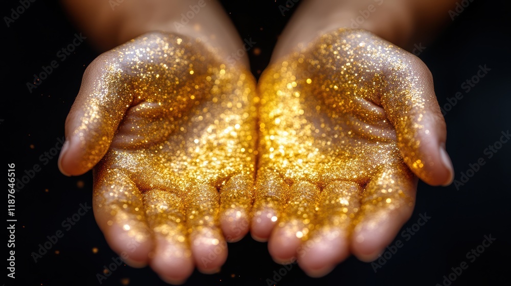 A pair of hands holding golden glitter, with a glowing, sparkling effect. The image symbolizes wealth, success, opportunity, and the power to manifest dreams and goals with a radiant touch A pair of hands holding golden glitter, with a glowing, sparkling effect. The image symbolizes wealth, success, opportunity, and the power to manifest dreams and goals with a radiant touch