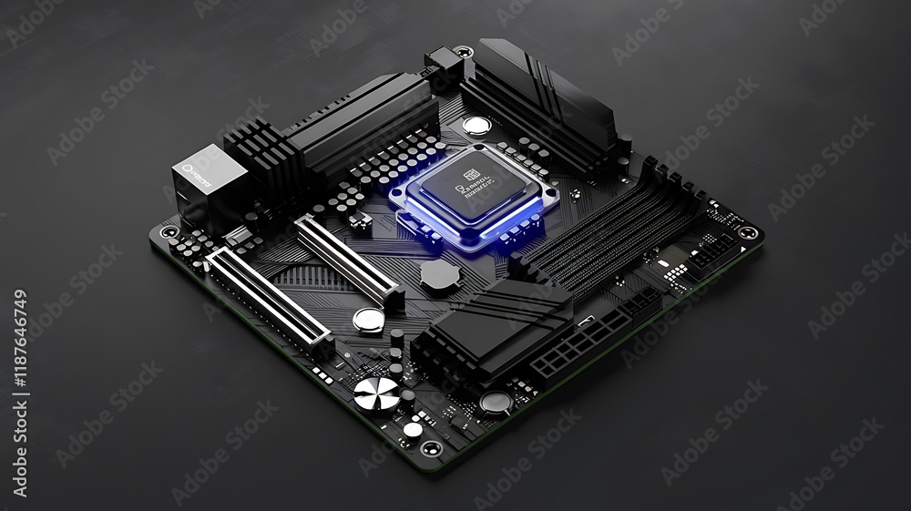Computer motherboard, angled view, dark background, tech product shot