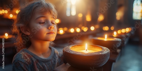 A young child meditatively sits in a dimly lit space, softly illuminated by the warm glow of candlelight, creating a serene and contemplative atmosphere that exudes tranquility and introspection. photo