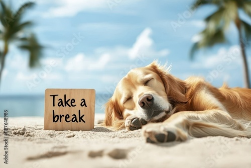 Happy Pet Friendly Travel. A golden retriever relaxing on the beach with a sign that says 