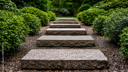 solid stone pathway leads through serene garden, surrounded by lush greenery and neatly trimmed bushes, creating peaceful atmosphere for relaxation photo