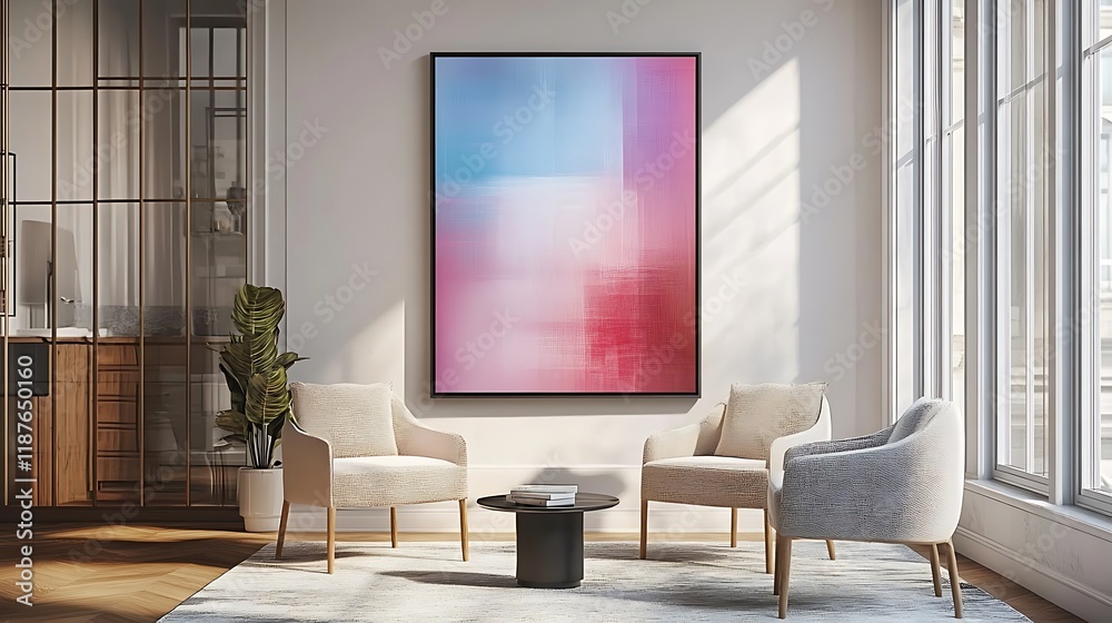 Modern abstract art display in cozy living room interior design serenity Modern abstract art display in cozy living room interior design serenity
