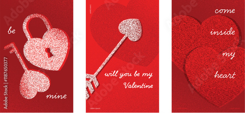 Valentine's day cover greeting cards in stipple noise texture with love key, lock, cupid's arrow and hearts. Illustration set for romance, relationship, passion, affection, dating, sweetheart design