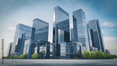Modern cityscape, skyscrapers, sunny day, urban development, business background