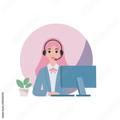 Call Center Woman Vector Illustration, Flat Design Character
