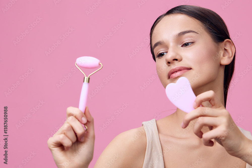 Young woman showcasing skincare tools, a facial roller and a heart shaped gua sha on a pastel pink background, emphasizing beauty and self care Young woman showcasing skincare tools, a facial roller and a heart shaped gua sha on a pastel pink background, emphasizing beauty and self care