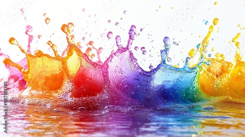 Vibrant multicolor water splashes creating rainbow reflection photo