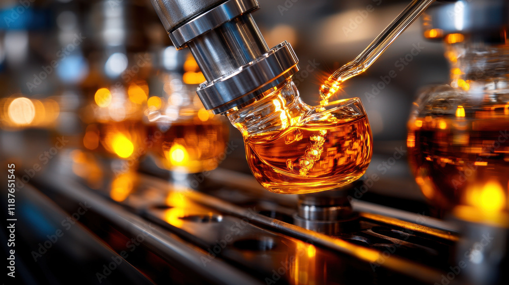 Advanced food processing machine extracting liquid from glass container, showcasing precision and technology in food production. warm amber liquid highlights intricate process