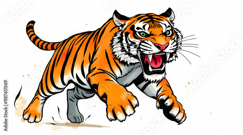 Rushing orange tiger illustration on white background for use in graphics
