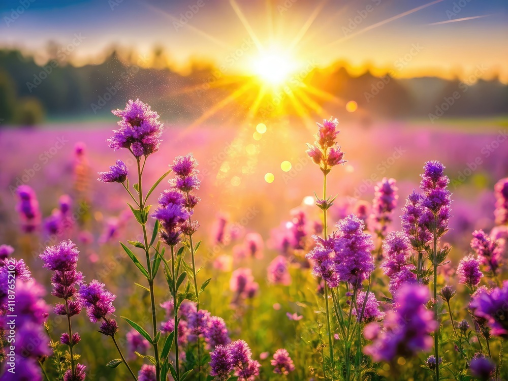 Fototapeta premium Morning Sunshine Purple Meadow Bokeh Flowers Low Light