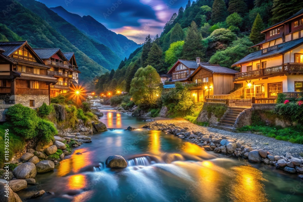 Obraz premium Mountain Village River Night Photography