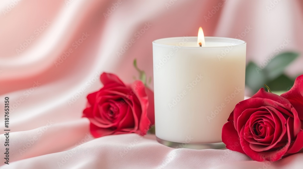 A serene arrangement featuring a lit candle and red roses on soft fabric. A serene arrangement featuring a lit candle and red roses on soft fabric.