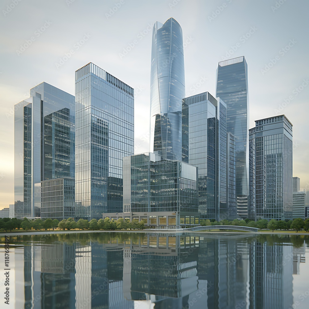 Obraz premium Modern city skyline reflected in calm water at sunrise; ideal for urban development presentations