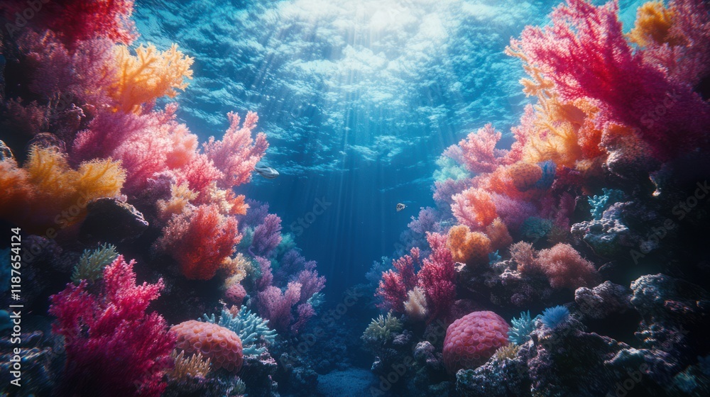 Fototapeta premium Vibrant coral reef teeming with life, sunbeams illuminating colorful coral formations and fish.