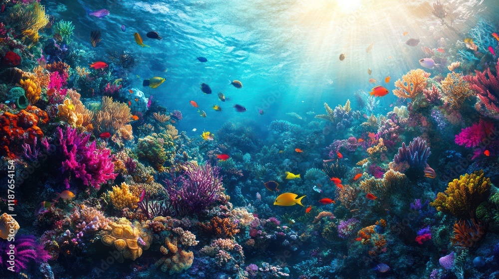 Naklejka premium Vibrant coral reef teeming with colorful fish and diverse marine life, sunlit underwater scene.