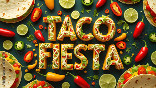 Wallpaper Mural Taco Fiesta typography art amidst tacos, peppers, and limes on a dark surface, possibly for a food festival or event poster Torontodigital.ca