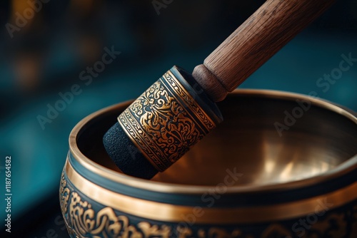 Ornate singing bowl and mallet with intricate patterns photo