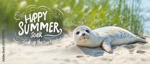 Happy Summer Soak, Cute Seal Relaxing on Sandy Beach, Sea Otter Bathing in Sunlight, Adorable Marine Mammals, Ocean Animals, Wildlife Photography, Sea Otter photo