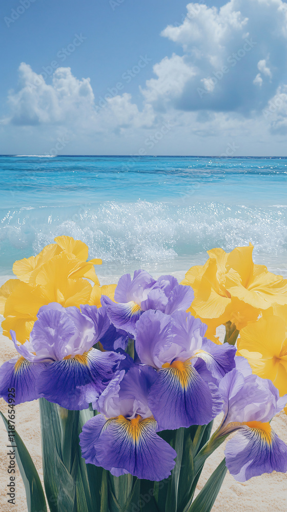 Vibrant iris bouquet hand-tied ribbon displayed sandy beach ocean waves clear blue sky background serene coastal floral composition nature wedding photography illustration painting mood vacation vibe Vibrant iris bouquet hand-tied ribbon displayed sandy beach ocean waves clear blue sky background serene coastal floral composition nature wedding photography illustration painting mood vacation vibe