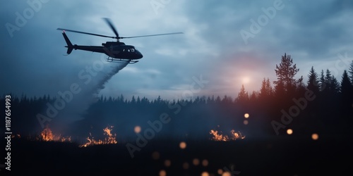 This dramatic image captures a helicopter in action, battling a wildfire surrounded by forest, highlighting themes of urgency, courage, and the fight against nature's fury.