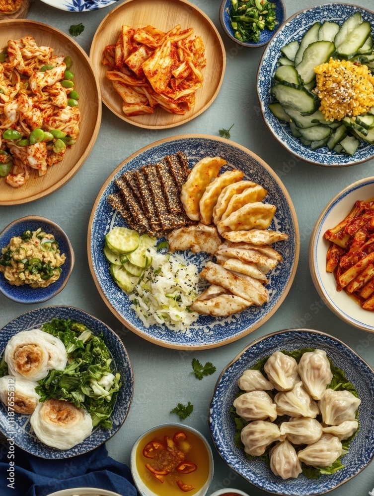 Vibrant display of traditional Korean dishes featuring kimchi, bibimbap, and dumplings for a festive dining experience. Generative AI Vibrant display of traditional Korean dishes featuring kimchi, bibimbap, and dumplings for a festive dining experience. Generative AI