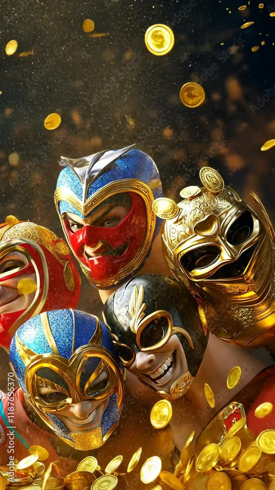 Colorful wrestlers celebrate with gold coins in a festive atmosphere during a lively event