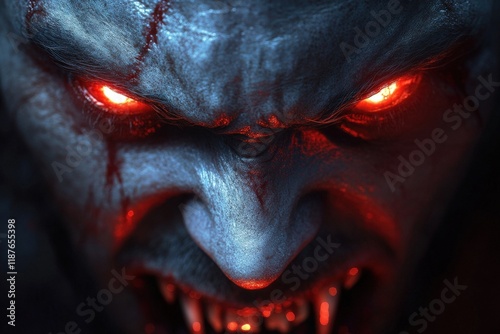 Close-up of male vampire face with glowing red eyes and sharp fangs photo