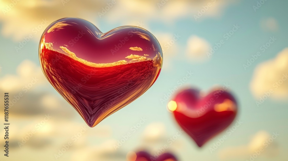 Obraz premium Dreamy Red Hearts Floating in a Glossy Sky