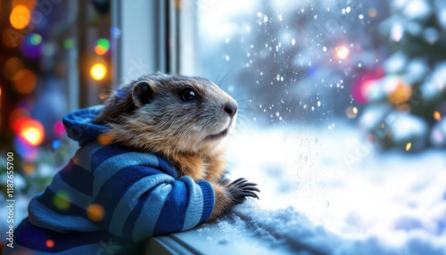 Cute Groundhog in a Blue Hoodie Looks Out a Snowy Window at Christmas Lights