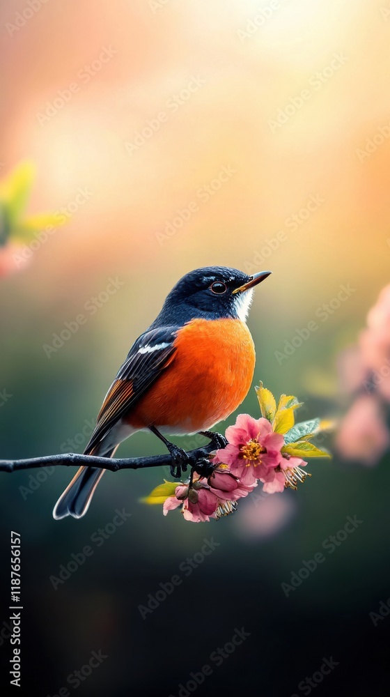 Robin perched on blossoming branch amidst blurred greenery during springtime