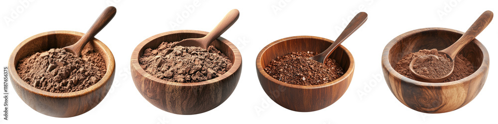Cocoa powder in a wooden bowl isolated on transparent background, Set of Cocoa powder in a wooden bowl isolated on transparent background, Set of