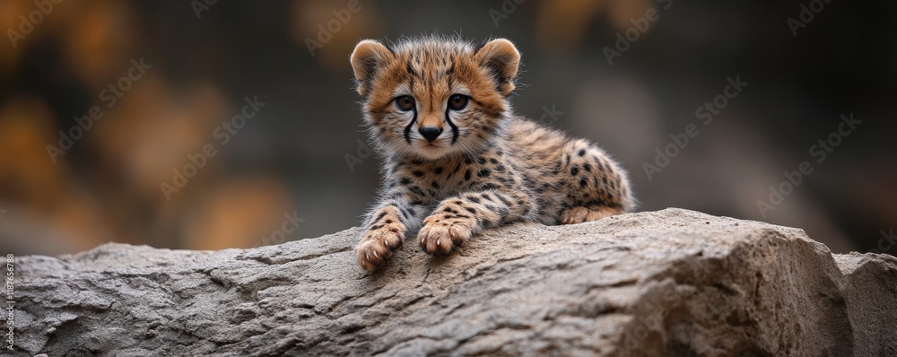 Fototapeta premium Adorable Young Cheetah Cub Resting on Rocky Terrain with Soft Background Providing a Natural Habitat Vibe