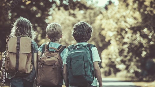 Back to school kids with backpacks walking together in vintage toned scene photo