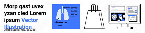 Lungs diagram against blue background, shopping bag, computer screen showing security icons and charts. Ideal for healthcare, online shopping, cybersecurity, technology, data analysis, medical