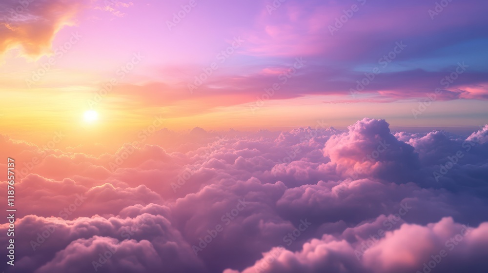 Vibrant sunset above a sea of clouds, aerial view. Vibrant sunset above a sea of clouds, aerial view.