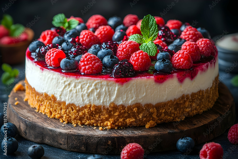 A creamy cheesecake topped with fresh raspberries and blueberries, a delightful summer dessert A creamy cheesecake topped with fresh raspberries and blueberries, a delightful summer dessert