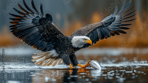 Eagle catching fish icy lake winter wildlife photo